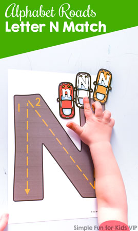 Alphabet Roads Letter N Match: A fun way to practice recognition of letter N, upper- and lowercase matching, letter sorting, tracing, and more! Perfect for toddlers and preschoolers.