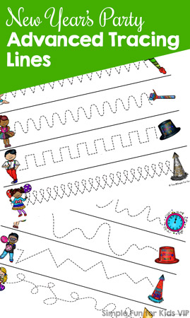 Practice advanced prewriting skills with these fun printable New Year's Party Advanced Tracing Lines! No prep needed, great for preschoolers and kindergarteners.