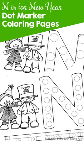 This is a fun way to learn more about the letter N: These printable N is for New Year Dot Marker Coloring Pages are perfect for toddlers, preschoolers, and kindergarteners or anyone learning their letters.