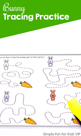 Practice fine motor skills with cute bunnies and no prep: Bunny Tracing Practice for Preschoolers and Kindergarteners (Day 1 of the 7 Days of Bunny Printables for Kids).