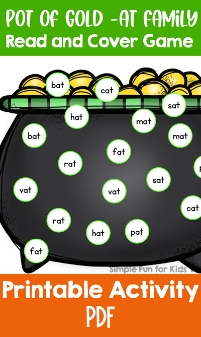 Learning to read with a St. Patrick's Day theme! Help your kindergartner or preschooler practice CVC words with this printable Pot of Gold -at Family Read and Cover Game!