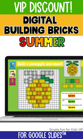 Featured image for the VIP version of the Digital Building Bricks Summer Challenge. At the top, there's a green banner with VIP Discount! in white on top of it. Underneath, it says Digital Building Bricks in black on a yellow background and Summer in rainbow colors. In the middle of the image, there's a laptop screen showing one slide from the build and count challenges. At the bottom, it says For Google Slides in white on a blue background.