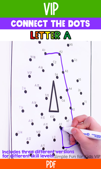 Reinforce letter recognition, practice counting, and improve hand-eye coordination and fine motor skills in a fun way with this no prep Letter A Connect the Dots worksheet. Three levels: Numbers 1-16, letter A plus numbers 1-16, and different letters and numbers.