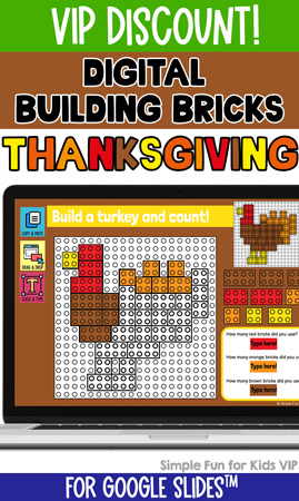 Ten fun editable Thanksgiving-themed digital building brick challenges for Google Slides and Google Classroom. Students can practice skills such as copying & pasting, dragging & dropping, typing in text boxes, and counting in a super-engaging way.