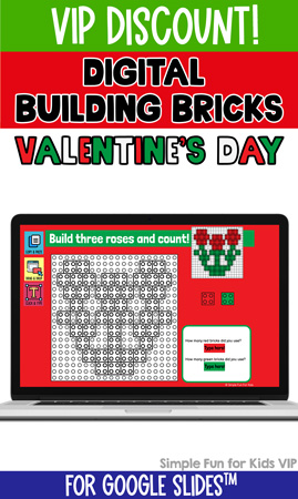 Ten fun and engaging EDITABLE Valentine's-themed digital building bricks challenges for Google Slides and Google Classroom. Students can practice skills such as copying & pasting, dragging & dropping, typing in text boxes, and counting in a super-engaging way.