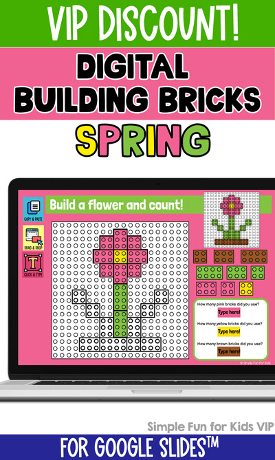 Ten fun and engaging EDITABLE spring-themed digital LEGO challenges for distance learning with Google Slides and Google Classroom. Students can practice skills such as copying & pasting, dragging & dropping, typing in text boxes, and counting in a super-engaging way. You can even add your own learning content because all of the text and the colored rectangles are editable.  Easy to use:  Make copies for yourself to easily choose which images to assign and which ones to omit. Edit all of the text and the colored rectangles but keep students from interacting with everything except the text boxes and colored LEGO bricks. (Instructions in the file.) Please note that the LEGO templates are flattened with the background and can't be edited or extracted. Includes consistent visual instructions for required digital skills (copy & paste, drag & drop, click & type). View the preview video for an explanation of all features and a look at all of the images included.  - Butterfly. - Green leaf. - Raindrop. - Flower. - Ladybug. - Umbrella. - Birdhouse. - Tree. - Rainbow. - Picnic basket.  After purchase, you will receive a PDF file with instructions and a link to click to make a copy of the activity directly in your Google Drive.