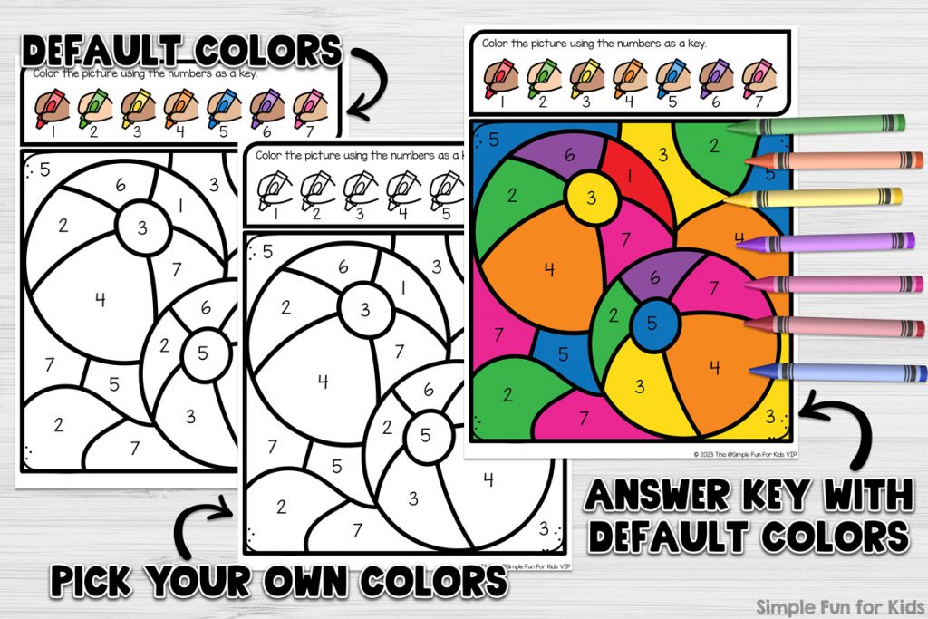 Three pages from the Beach Ball Color by Number Coloring Page PDF file with info in black capital letters and arrows pointing to the pages: Default colors, pick your own colors, answer key with default colors. On the side, there are seven crayons in seven different colors.