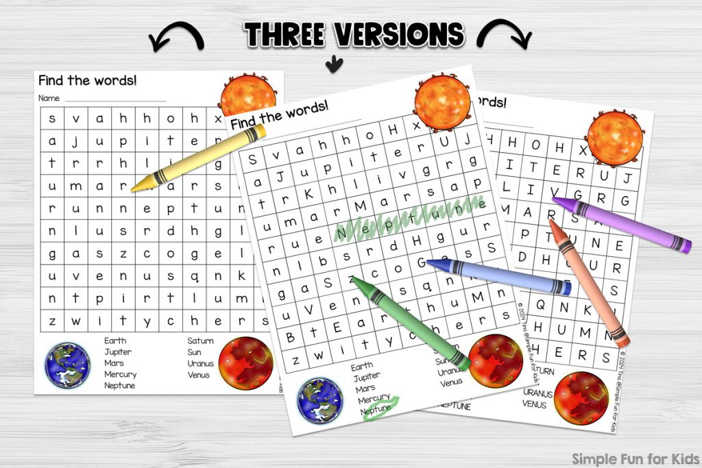 All three versions of the Sun and Planets Word Search printable on a white table with assorted crayons on top of the sheets of paper.