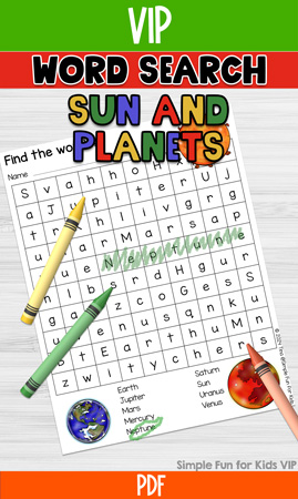 Featured image of the VIP version of the Sun and Planets Word Search printable. There are crayons in yellow, green, and orange on top of the printable. The word "Neptune" is marked in green crayon. At the top is a green banner with "VIP" in white on it. Underneath is a red banner with "Word Search" in black on it and the words "Sun and Planets" underneath. At the bottom is an orange banner with "PDF" in white on it. Above the orange banner is a Simple Fun for Kids VIP watermark in black.